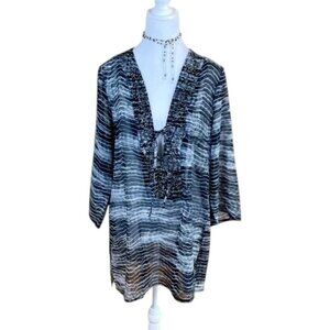 Raviya Kimono Tunic Cover Up Swim Black & White Wave Beaded V-Neck & Tie (M)
